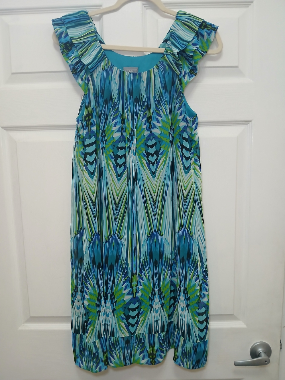 Rabbit Rabbit Rabbit Blue and Green Patterned Ruffle Sleeve Dress